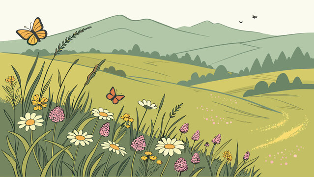 Serene landscape with colorful flowers and butterflies in a green meadow