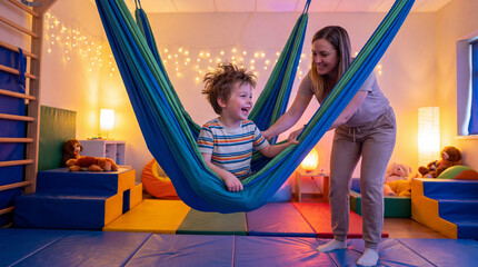 Fototapeta premium Hammock child woman therapy sensory gym play smile indoor swing, happy child enjoying sensory hammock therapy with woman in colorful indoor gym, soft light, padded floor, toy, playful mood