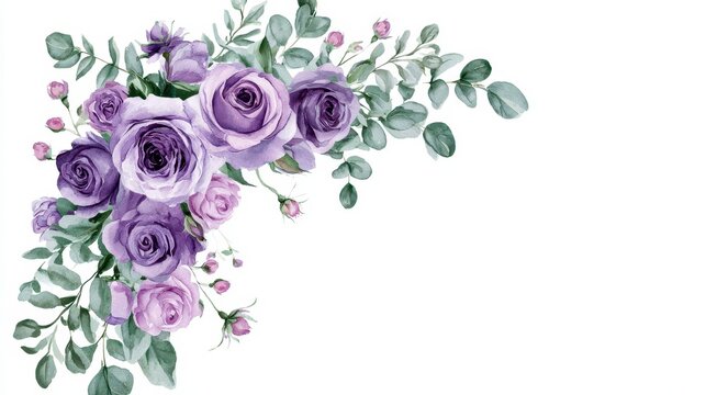 Watercolor purple roses and eucalyptus leaves corner arrangement isolated on white background