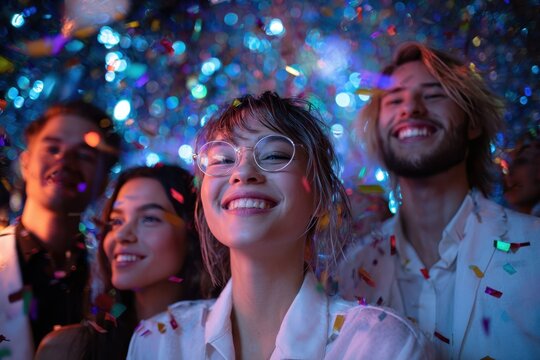 Joyful celebration at a vibrant party with friends and colorful decorations