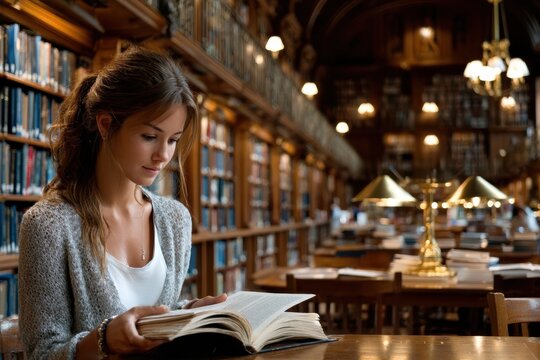 Young Woman Reading in a Grand Library