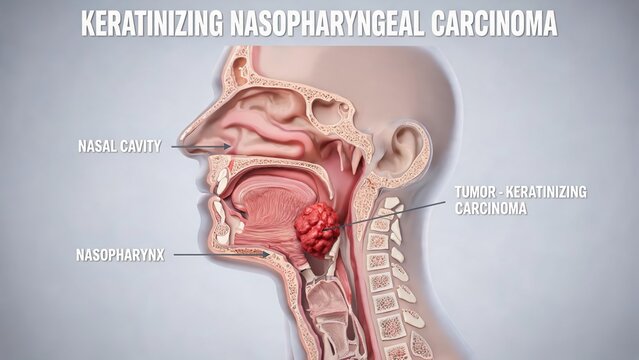 3D sagittal anatomical illustration of keratinizing nasopharyngeal carcinoma, labeled human head cross-section showing nasal cavity, nasopharynx and malignant tumor, otolaryngology pathology education
