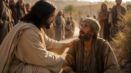 Fototapeta premium A compassionate man in robes comforting a kneeling person in a crowd, representing mercy, healing, and human connection in a biblical scene