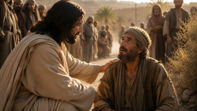 A compassionate man in robes comforting a kneeling person in a crowd, representing mercy, healing, and human connection in a biblical scene