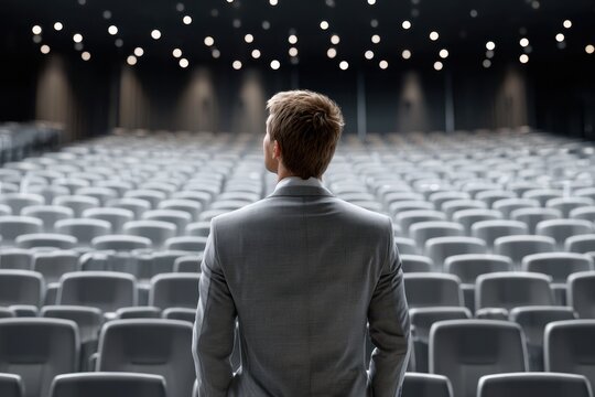 Man in a suit stands before empty auditorium with bright overhead lights