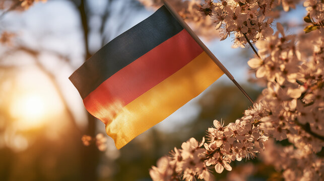 German flag beside blooming spring flowers beneath warm sunshine