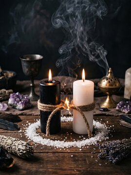 Sophisticated candles wrapped in twine emitting smoke set against a moody dark backdrop