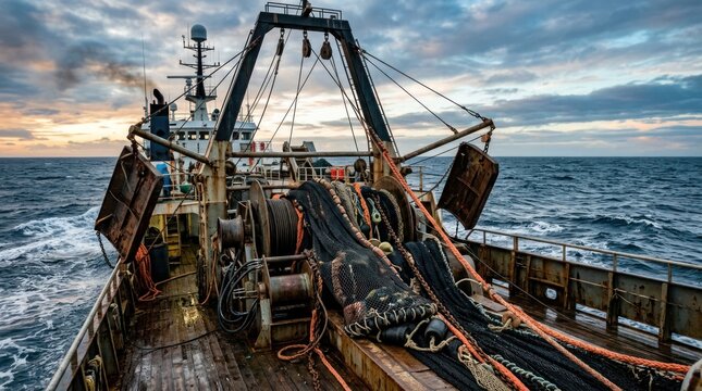 Fishing Trawler at Sea During Dramatic Sunset.