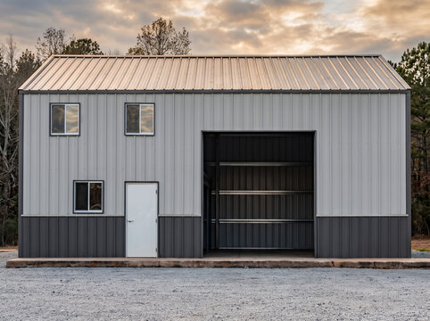 Two-tone gray metal building with large open bay and side door on gravel lot under evening sky