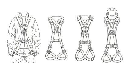 Fototapeta premium Industrial Safety Harness and Fall Protection PPE Line Art Vector Set
