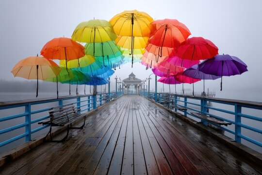 Colorful umbrellas create vibrant arch over misty pier on rainy day