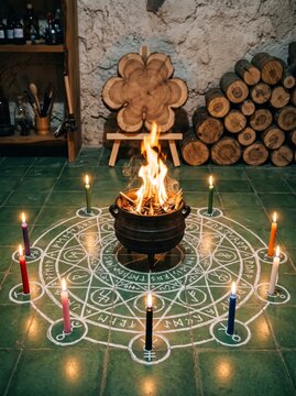 Mystical cauldron surrounded by candles and fire on green tiled floor in enchanted setting