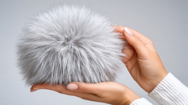 Close up of human hands holding a soft grey fluffy faux fur ball person gently holding a round fluffy grey fur pom pom in their hands