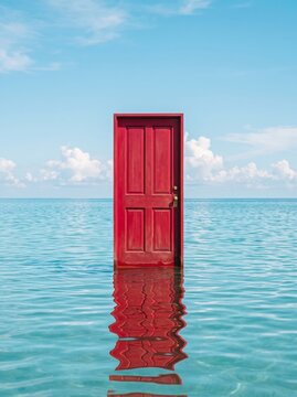 A vibrant cherry red door contrasts beautifully against the turquoise ocean and clear blue sky