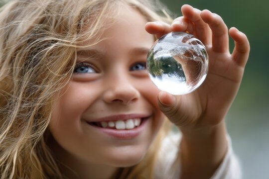 Young girl joyfully holding a crystal ball near a serene outdoor setting