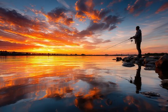 Silhouetted Fisherman at Sunset on Calm River