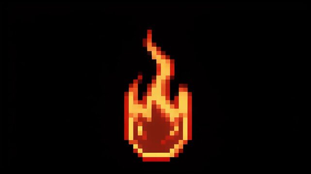  8-bit pixel fire flame looping gently, isolated black background
