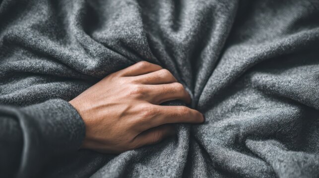 Close up of human hand gently touching soft grey fabric texture human hand resting on dark grey textured soft fabric surface
