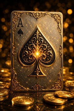 Golden ace playing card surrounded by shimmering treasures and coins in soft focus