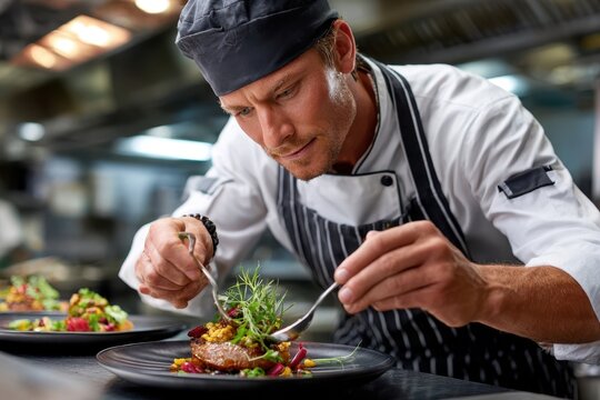 Chef Garnishing Gourmet Dish in Restaurant Kitchen
