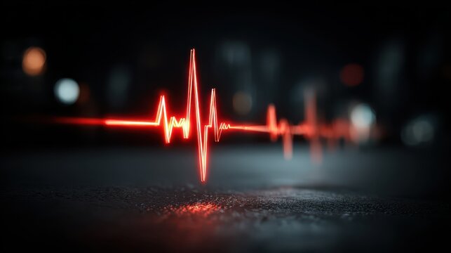 Neon red ekg heartbeat glowing against dark blurred background surface glowing red heartbeat against dark surface for medical background
