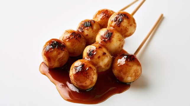Mitarashi dango, japanese rice flour dumplings on skewers with sweet soy glaze, isolated on white background