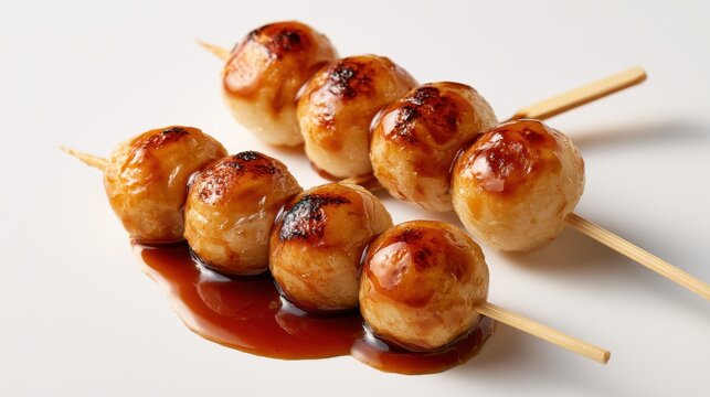 Mitarashi dango, japanese rice flour dumplings on skewers with sweet soy glaze, isolated on white background