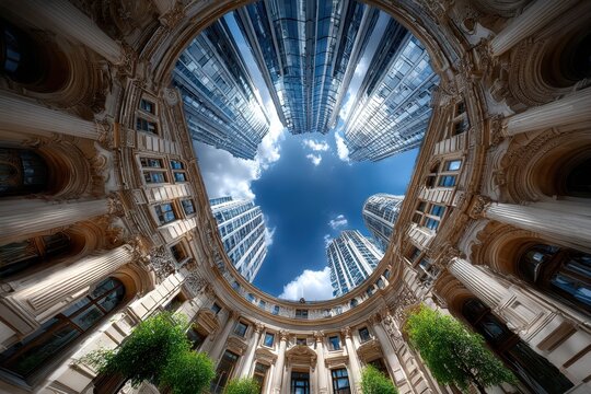 Circular courtyard with skyscrapers and blue sky