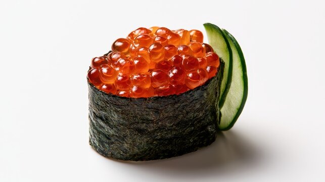 Ikura gunkan sushi with salmon roe and cucumber slice isolated on white background
