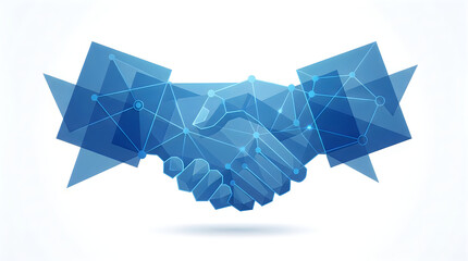 Obraz premium Abstract digital handshake with geometric blue network lines. Futuristic business partnership concept. Tech connection and corporate agreement.