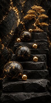 Golden elegance: a stunning arrangement of dark stones with luxurious golden highlights