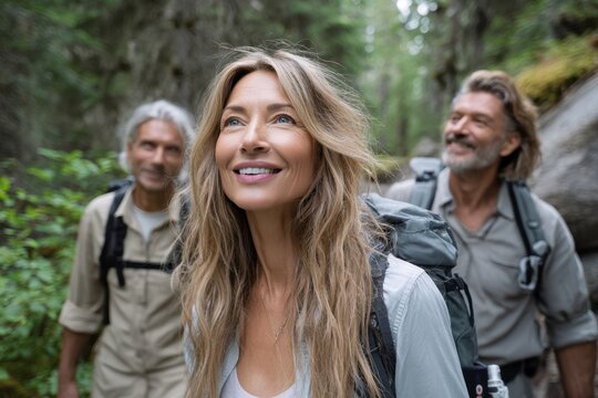 Group of friends enjoying a nature hike in a lush forest during daytime