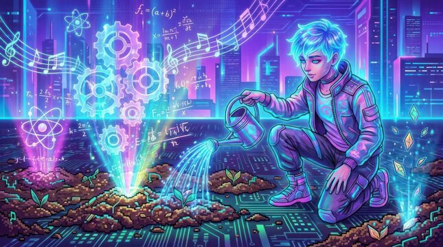 Character watering digital glowing crops in neon city.