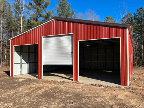 Red open-front metal garage with white roll-up door and open bay on dirt lot near pine trees