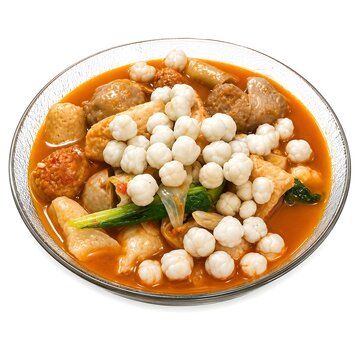 Indonesian seblak with meatballs, tofu, scallions, and pilus tapioca crackers in a glass bowl isolated on white background
