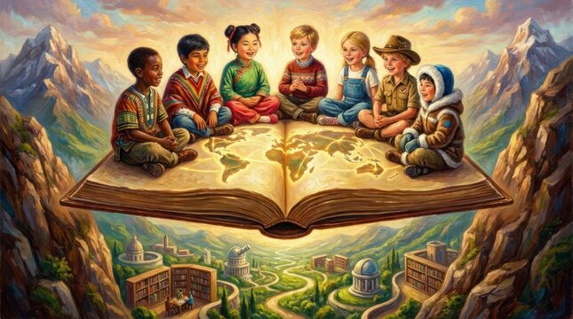 Diverse children flying on a giant open book.