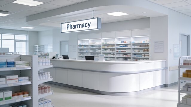 Generative AI depicting a modern pharmacy interior with clean design