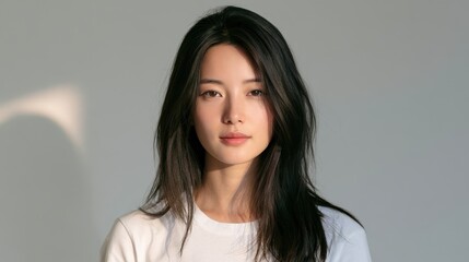 Obraz premium Portrait of a beautiful young asian woman with long dark hair looking at the camera