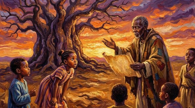 Elder storyteller sharing world map with children under tree.