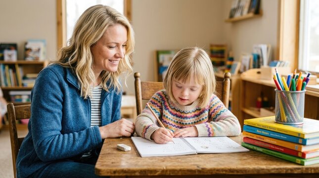 A caring female teacher helping a young girl with her schoolwork during a lesson to celebrate the spirit of teacher's day at school