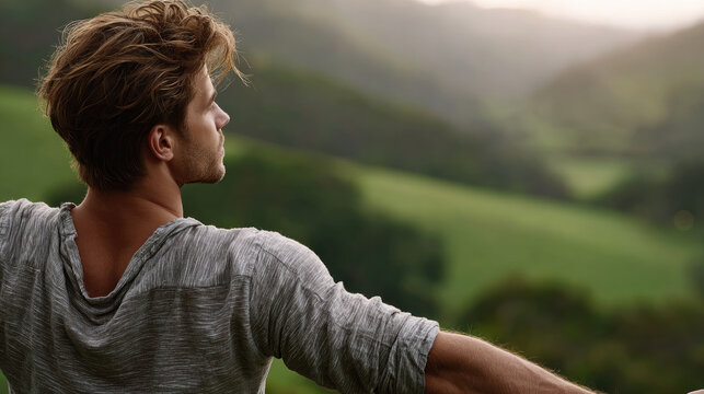 Young man stretching arms wide, embracing serene nature and fresh air, feeling freedom and peace in a mountain landscape during a beautiful outdoor sunset