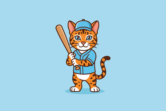 Cute Bengal Tiger Baseball Player Mascot Wearing Blue Uniform Vector