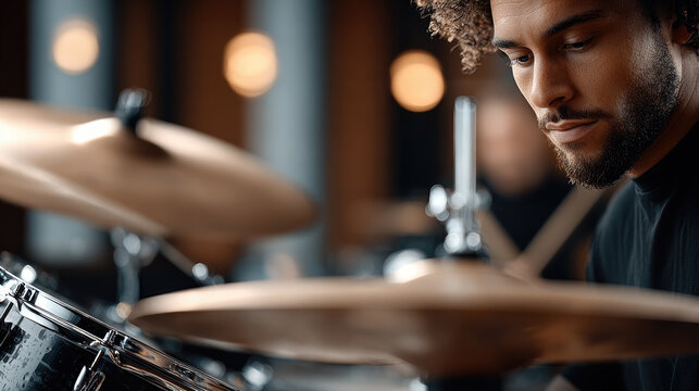 Young male jazz drummer focused on playing rhythmic beats, performing with talent and musical expression on his drum kit in a dimly lit studio or club environment