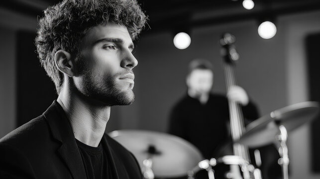 Male jazz musician thinking and performing with band in background at a music club, creating a soulful and artistic performance atmosphere