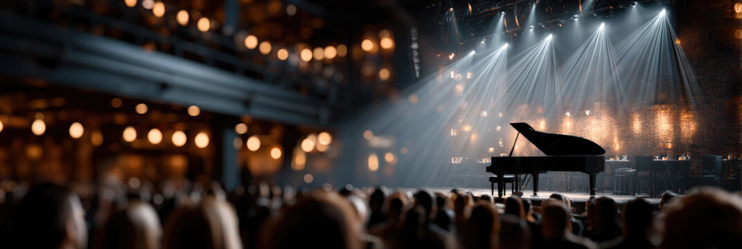 Jazz club stage inviting performance with grand piano, double bass, and drum kit under warm spotlights, setting a mood for an evening show and live music event