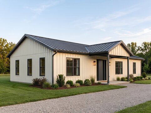 Cream metal residential building with black roof side porch and landscaping on gravel driveway in rural setting