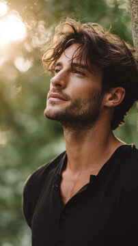 Young man standing outdoors beside a tranquil lake. Looking intently into the distance with a thoughtful expression