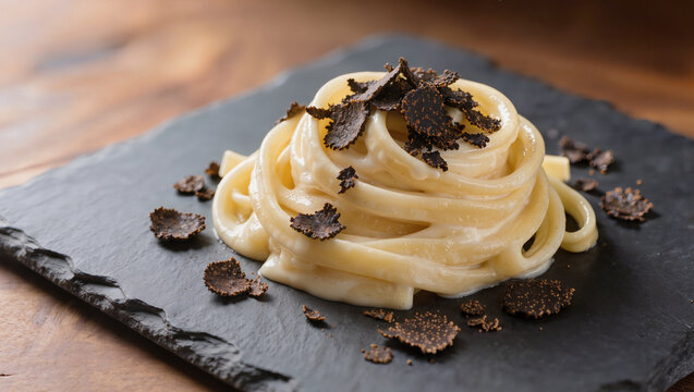 Creamy truffle pasta nest topped with shaved black truffle on a slate plate, luxury italian fine dining dish with warm wood background