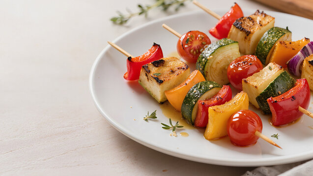 Grilled vegetable skewers with zucchini peppers tomato and halloumi on a white plate, healthy vegetarian barbecue dish with copy space