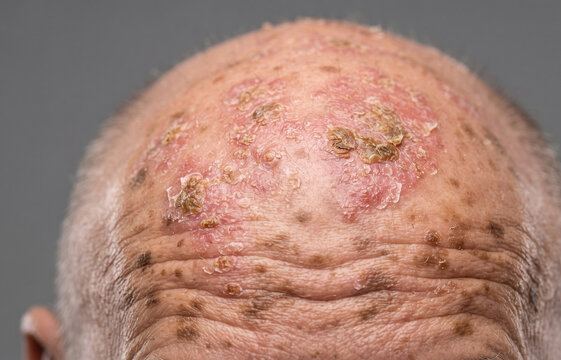 Close-up of an elderly man's bald head displaying multiple scaly, crusty red patches indicative of severe actinic keratosis or sun damage.